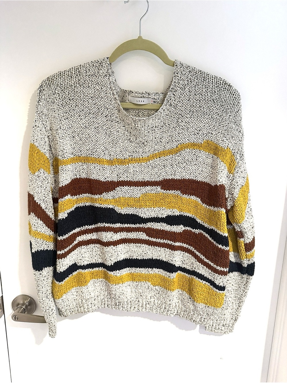 Lush Gray Heather Crewneck Sweater with Mustard, Brown & Navy Stripes